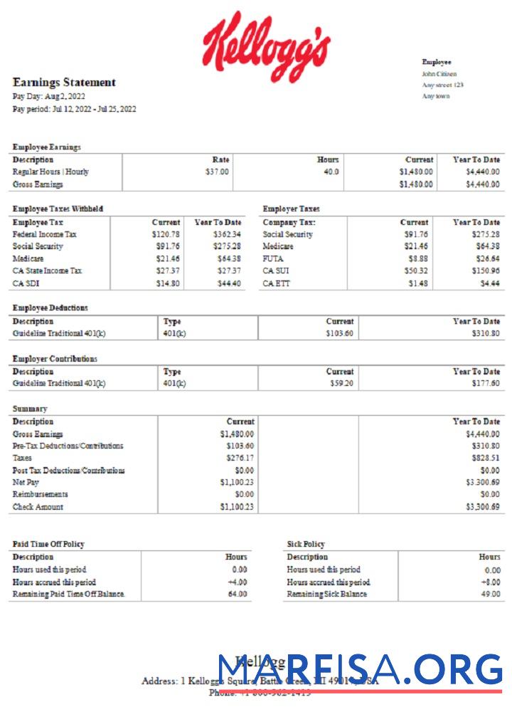 Realistic USA Kellog food processing company pay stub download for verification